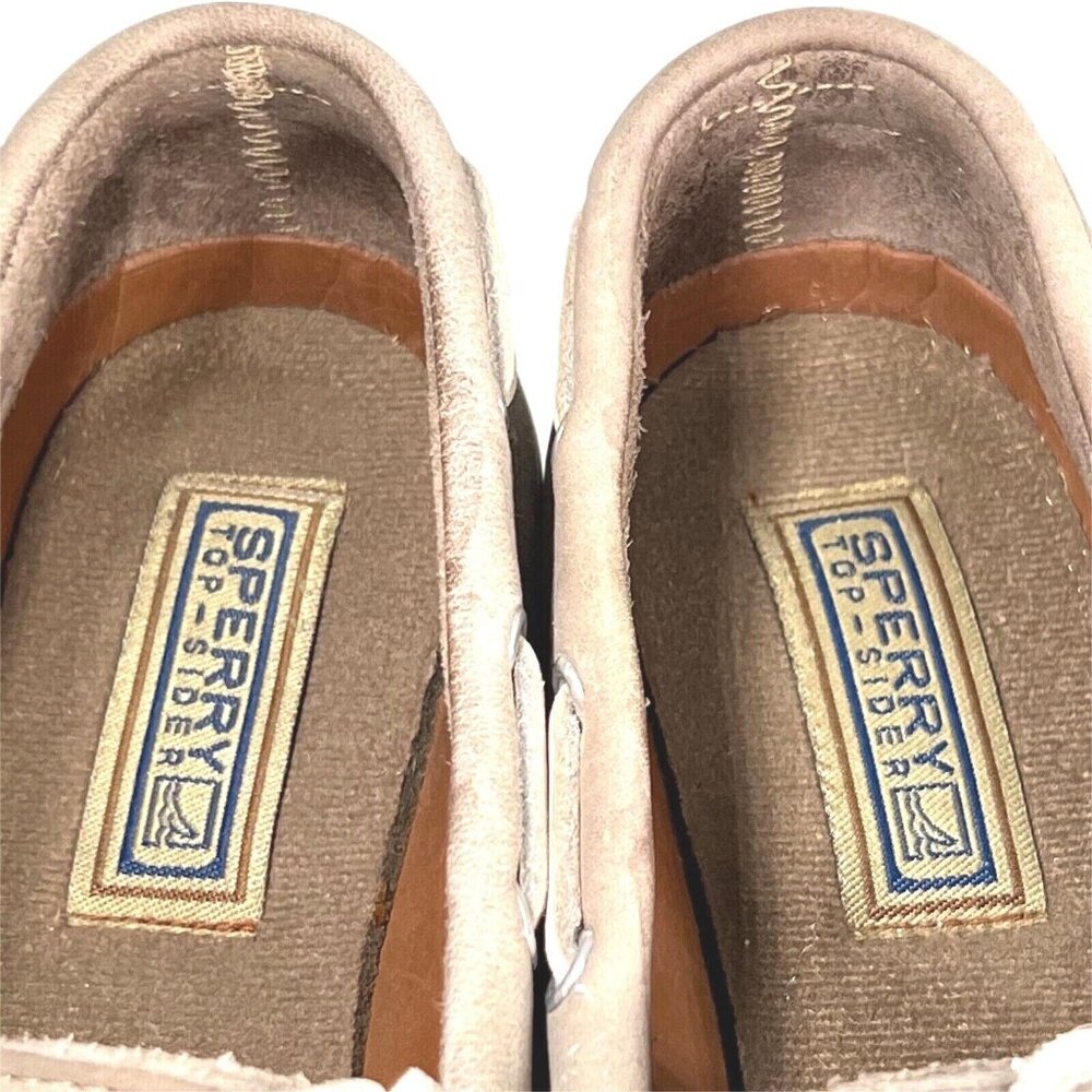 Sperry Top Sider Boat Shoes Leather Tan Linen Oat Slip On Loafers Womens 10M - Picture 2 of 9